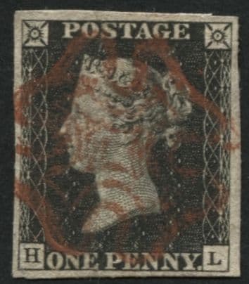 SG2 1d Black plate 7 HL, 4 large margins finely detailed Red Maltese cross