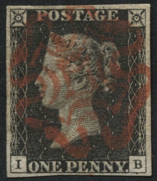 SG2 1d Black plate 7 IB, with full Orange-Red Maltese cross and clear margins