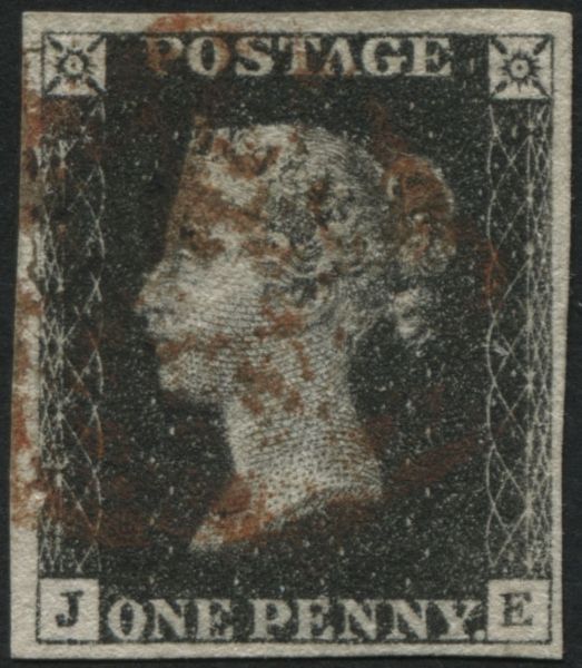 SG2 1d Black plate 7 JE, 4 clear to large margins Red Maltese cross, fine