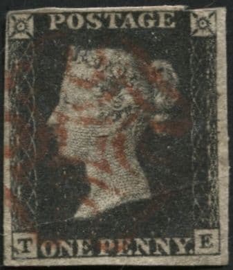 SG2 1d Black plate 7 TE, 4 margins close at NE corner, fine Red Maltese cross