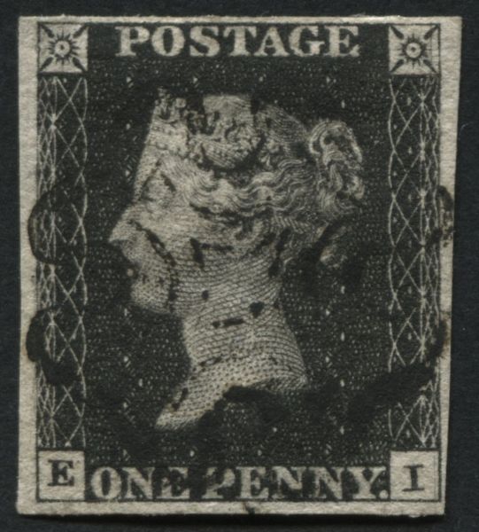 SG2 1d Black plate 9 EI, has 4 clear margins and complete cancel