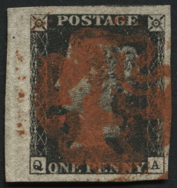 SG2 1d Black plate 9 QA marginal example, enormous margins indistinct Red Maltese cross