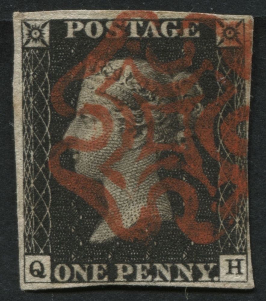 SG2 1d Black QH 4 close margins, bright Orange Maltese cross