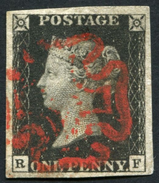 SG2 1d Black RF plate 8, has 4 handsome margins with Mahogany Red Maltese cross