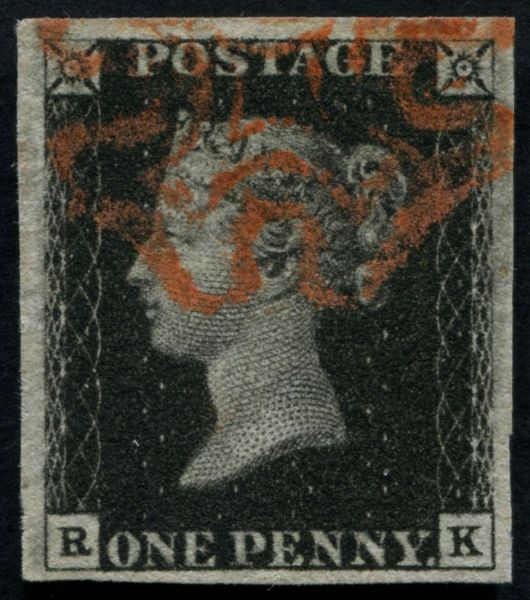 SG2 1d Black RK plate 5, good to very large margins, superb bright Red Maltese cross