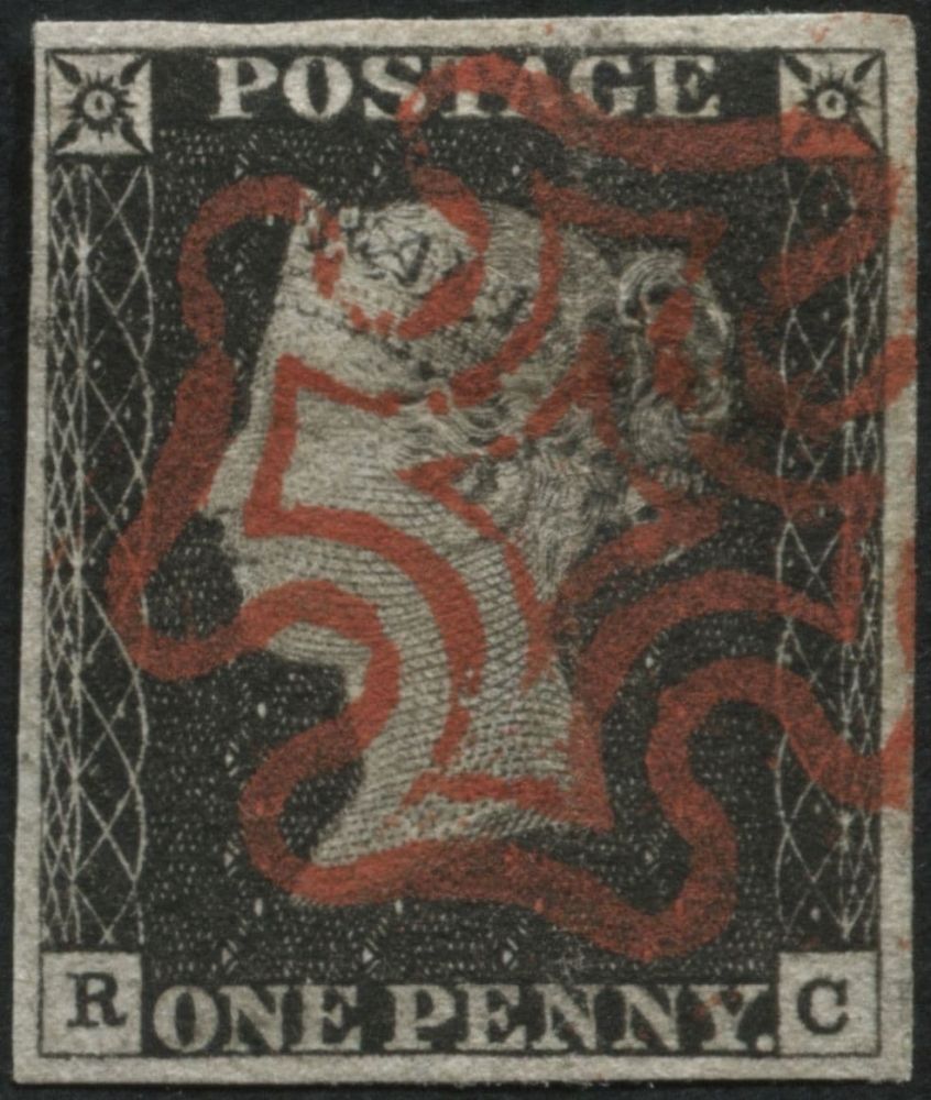 SG2 One Penny Black Pl.2 RC on bluete paper, lovely crisp Red MX