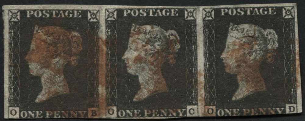 SG2  Pl.7 OB-OD a rare strip of 3 each with Red MX, touching on base line