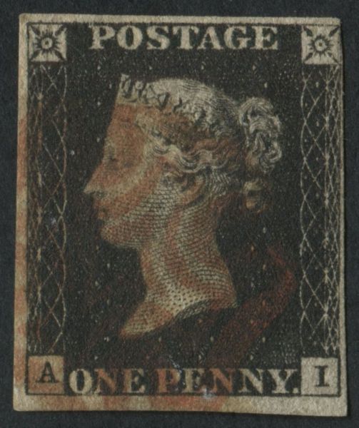 SG2 Pl10 1840 1d Black plate 10, AI, 4 margins, close at upper right, red MX.