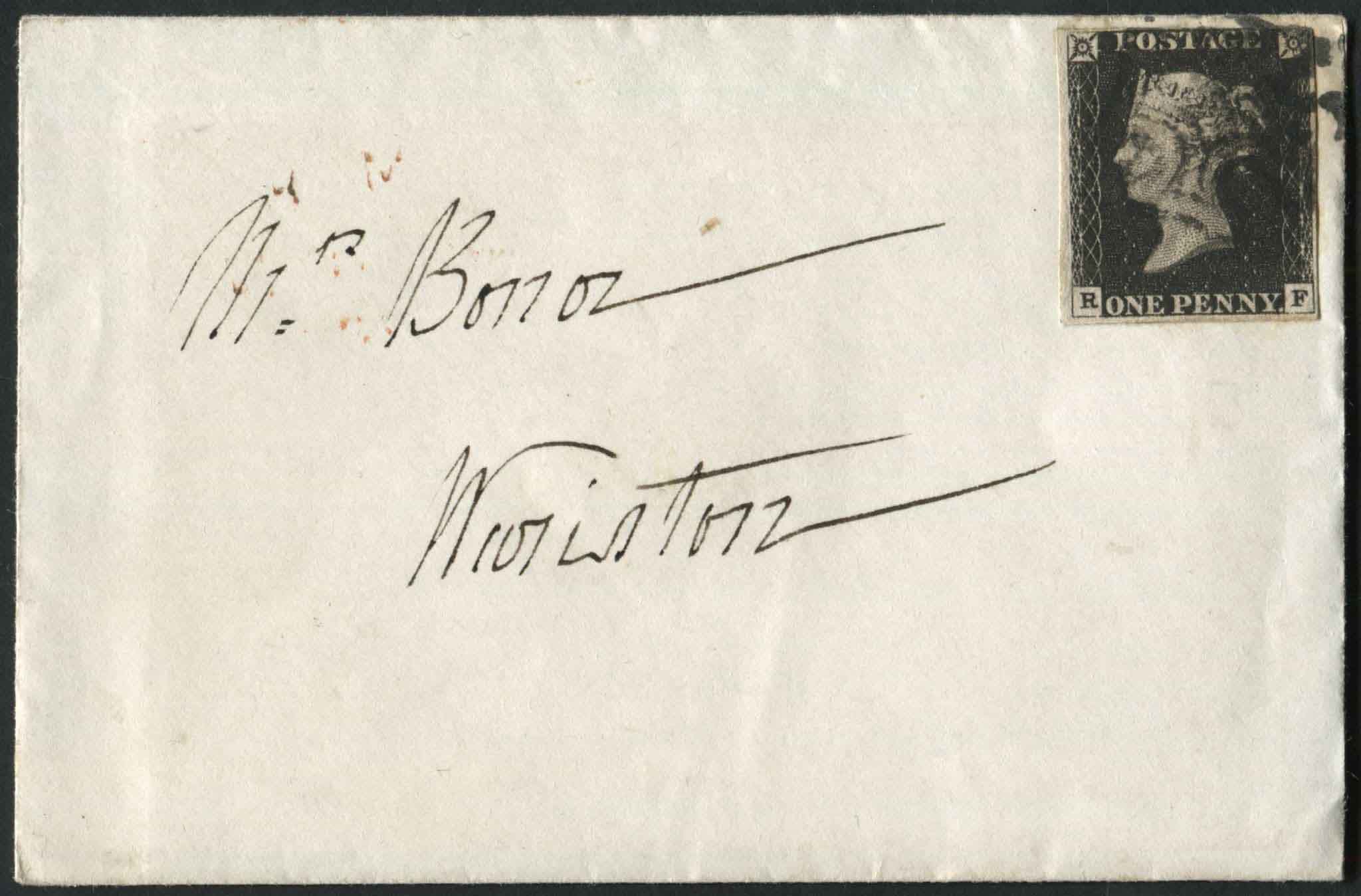 SG2 Pl3 1841 envelope 1d Black plate 3 RF, 4 margin, Black MX cds on reverse