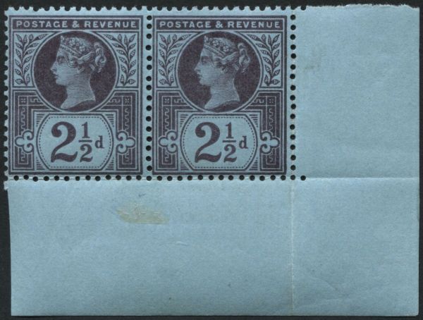 SG201 1887 2d Purple on Blue no marginal rule variety (first setting) pair U/M, fresh bottom R/H