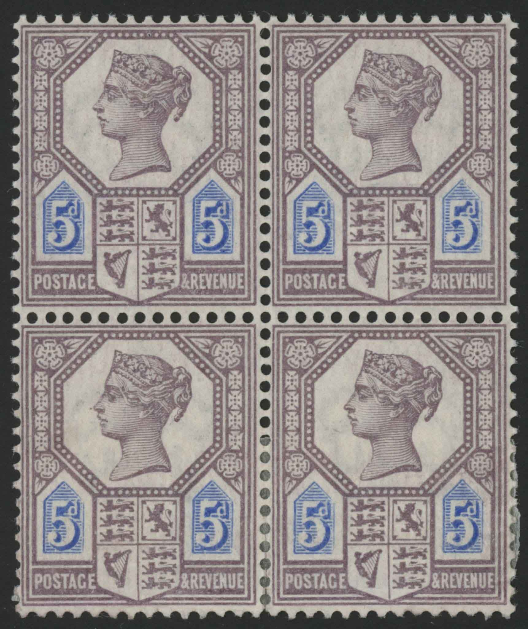 SG207a 1887-92 5d dull Purple and Blue, block of four showing damaged tablet, upper pair U/M.