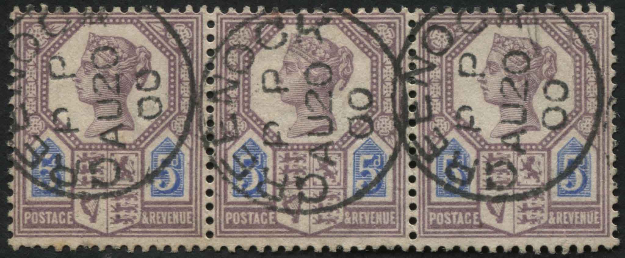 SG207a A horizontal strip of 3, each stamp with GREENOCK cds