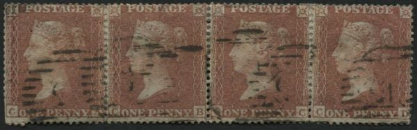 SG21 1d Red Brown CA-CD plate 14 very fine strip of 4, scarce piece