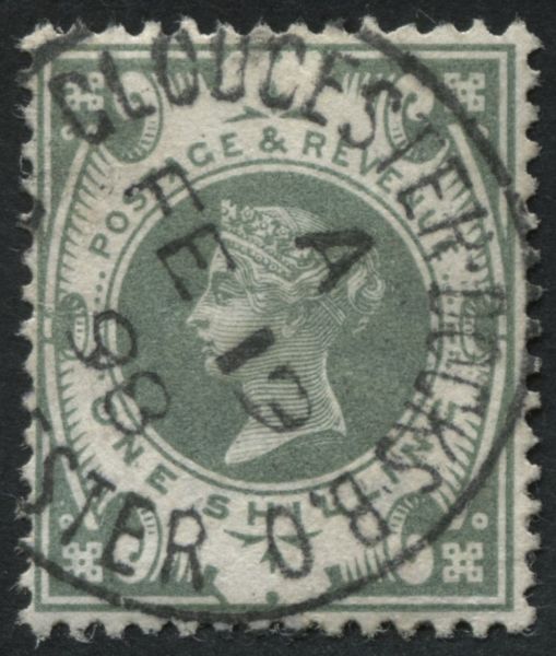 SG211 1/- Green, 1898 cds cancelled GLOUCESTER DOCKS, perfect colour