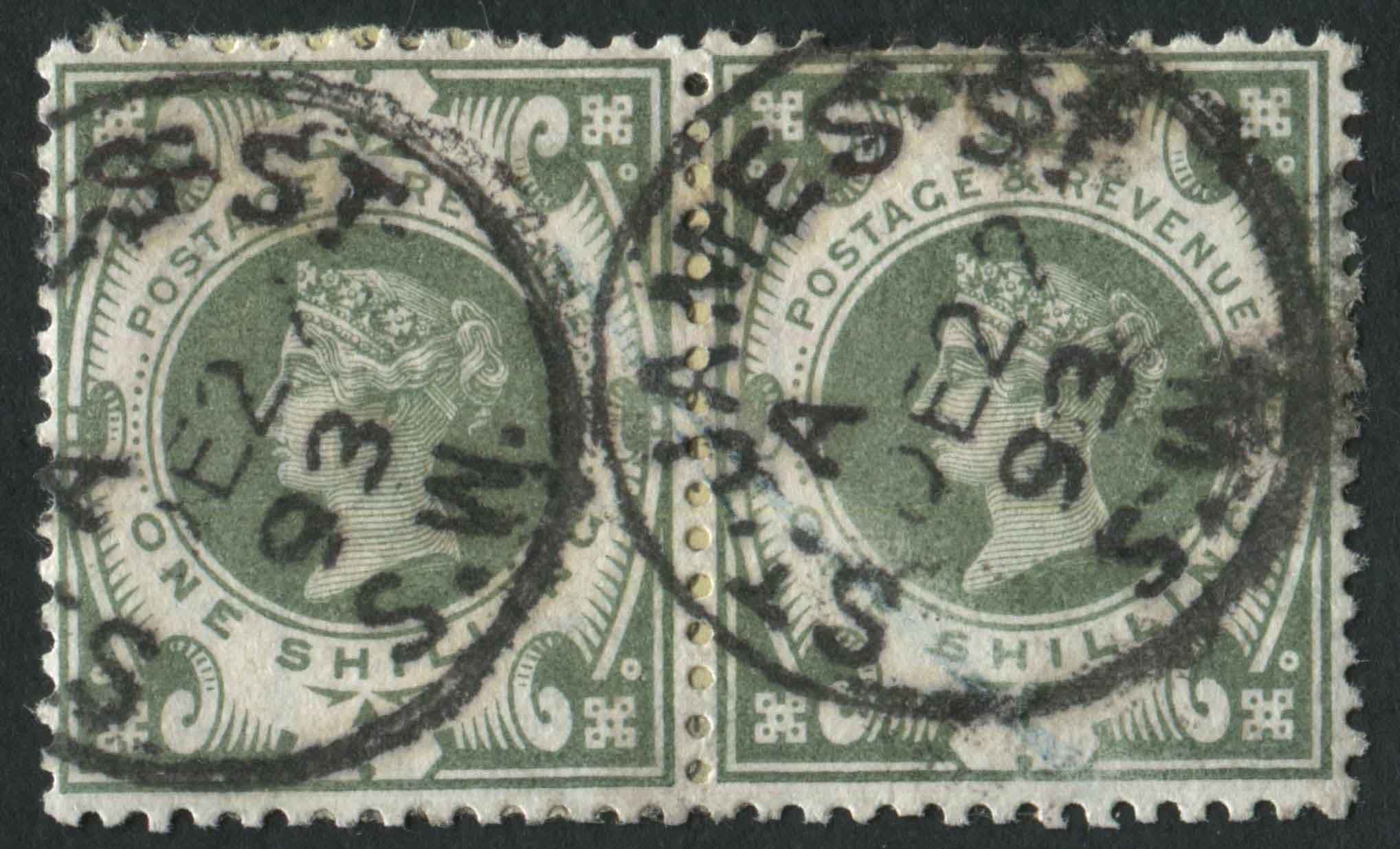 SG211 1/- Green pair with original colour, St. James St. SW 27.12.1893 cds