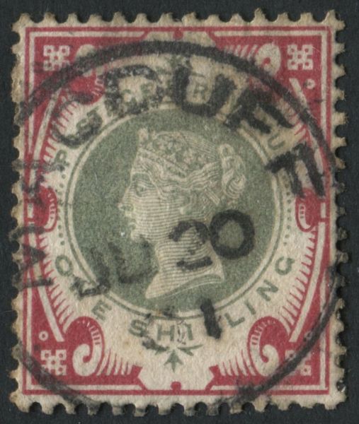 SG214 1/- Green and Carmine superb bright colour, MacDuff single ring 20.7.1901