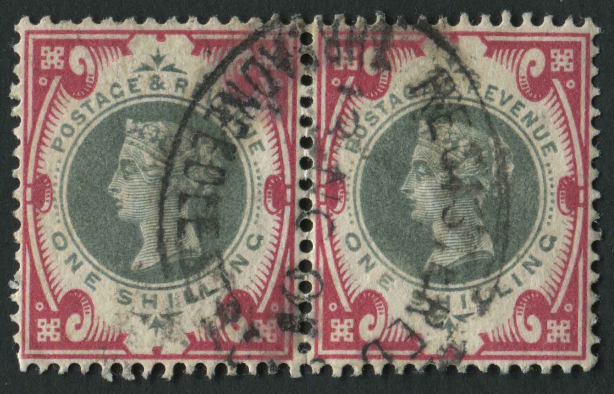 SG214 1900 1s Green and Carmine horizontal pair, F/U with oval registered d.s