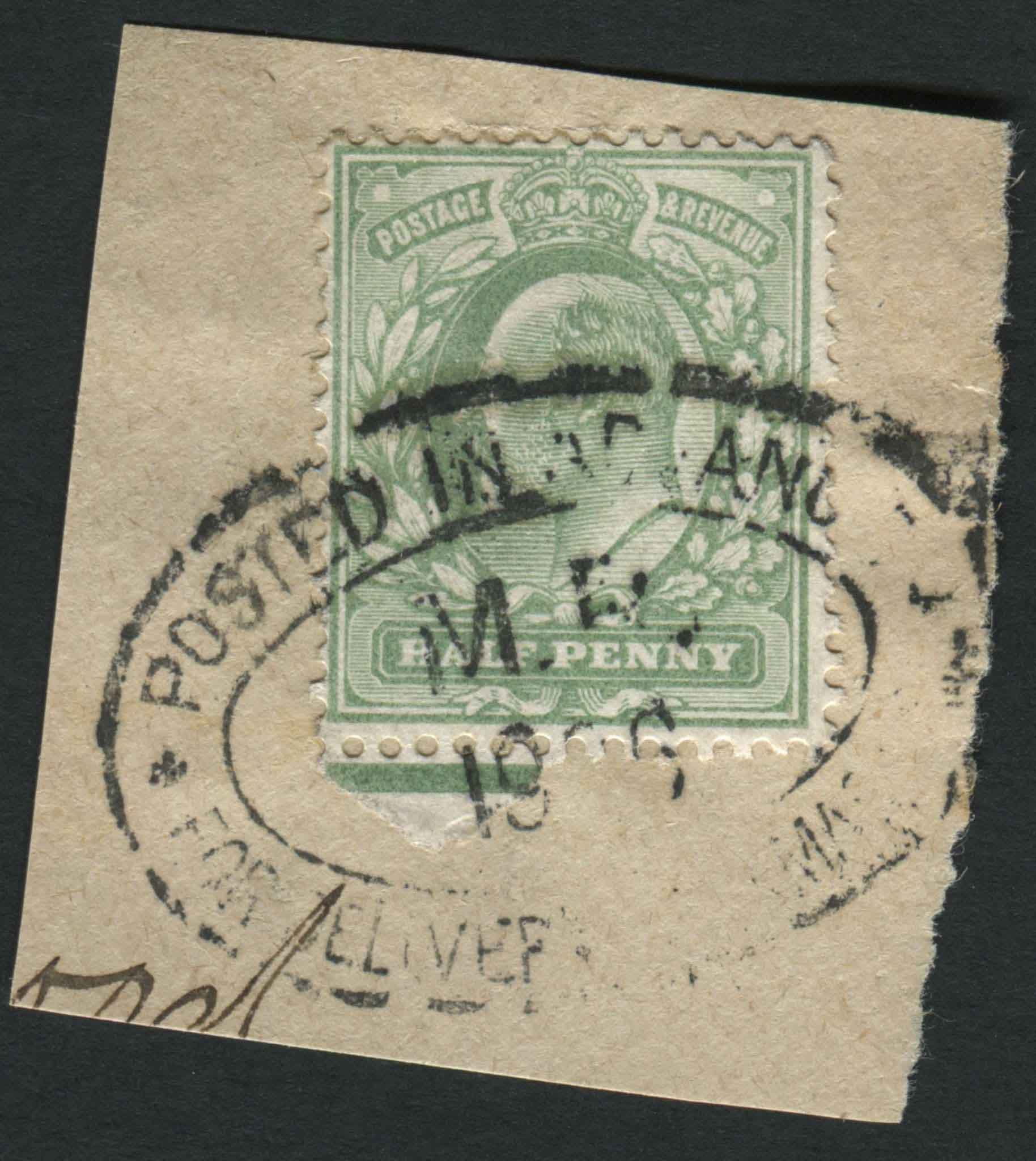 SG218 1902-10 d Yellowish-Green tied to small piece with oval POSTED IN ADVANCE/ MR cancellation