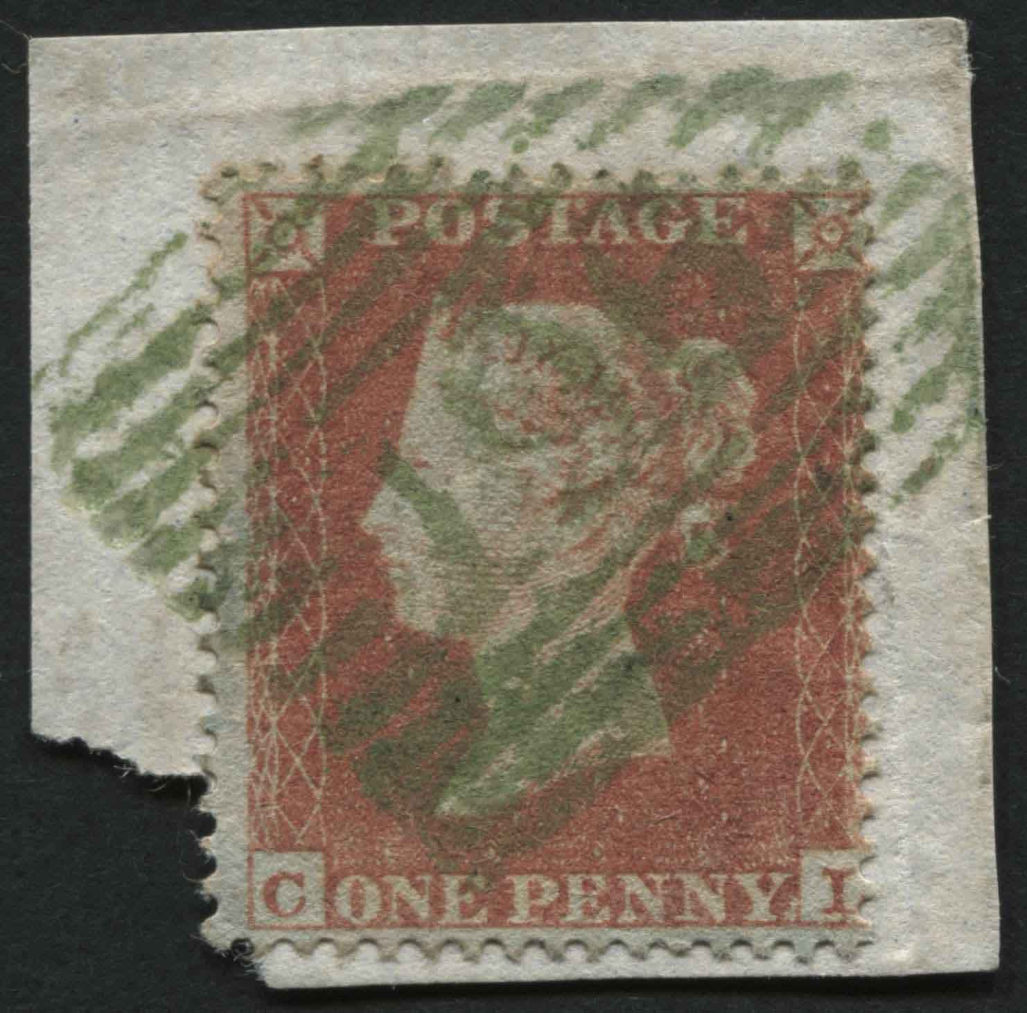 SG22 1d Brick Red tied to piece with 196 Scots local in bright Lime Green (Kenmore)