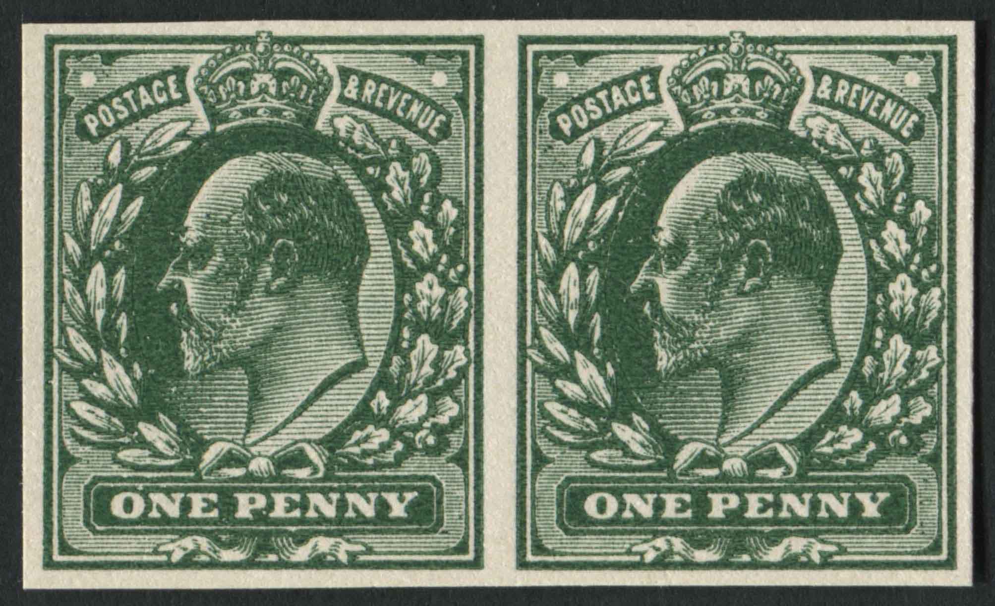 SG220 variety 1d Pl.proof on thin white card fine impression in Green, imperforate pair SG Cat 160