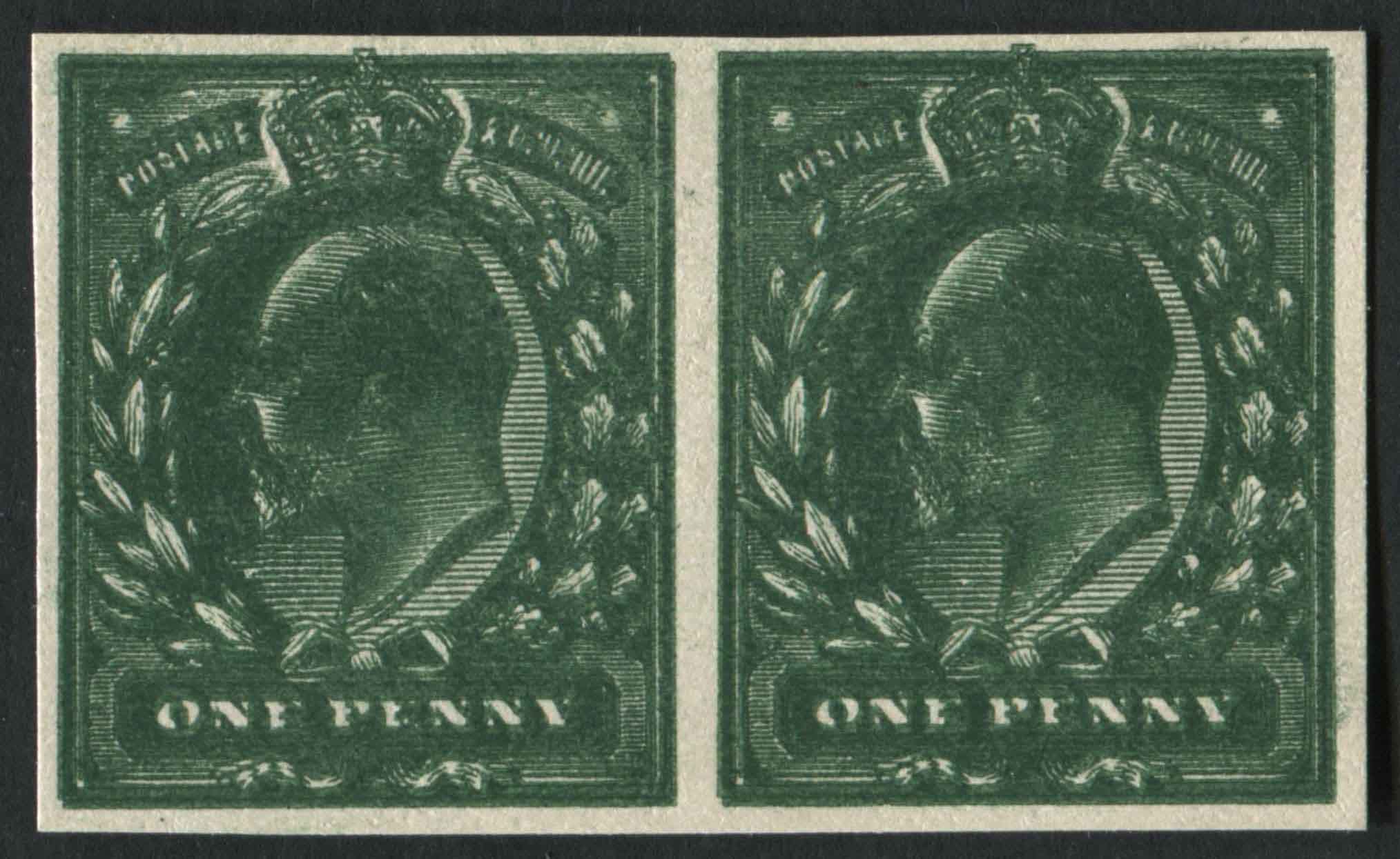 SG220 variety 1d Plate proof on thin white card in Green, double impression imperf pair