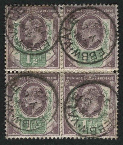 SG221 1d dull Purple and Green, block with perfect EBBW VALE single ring on each stamp