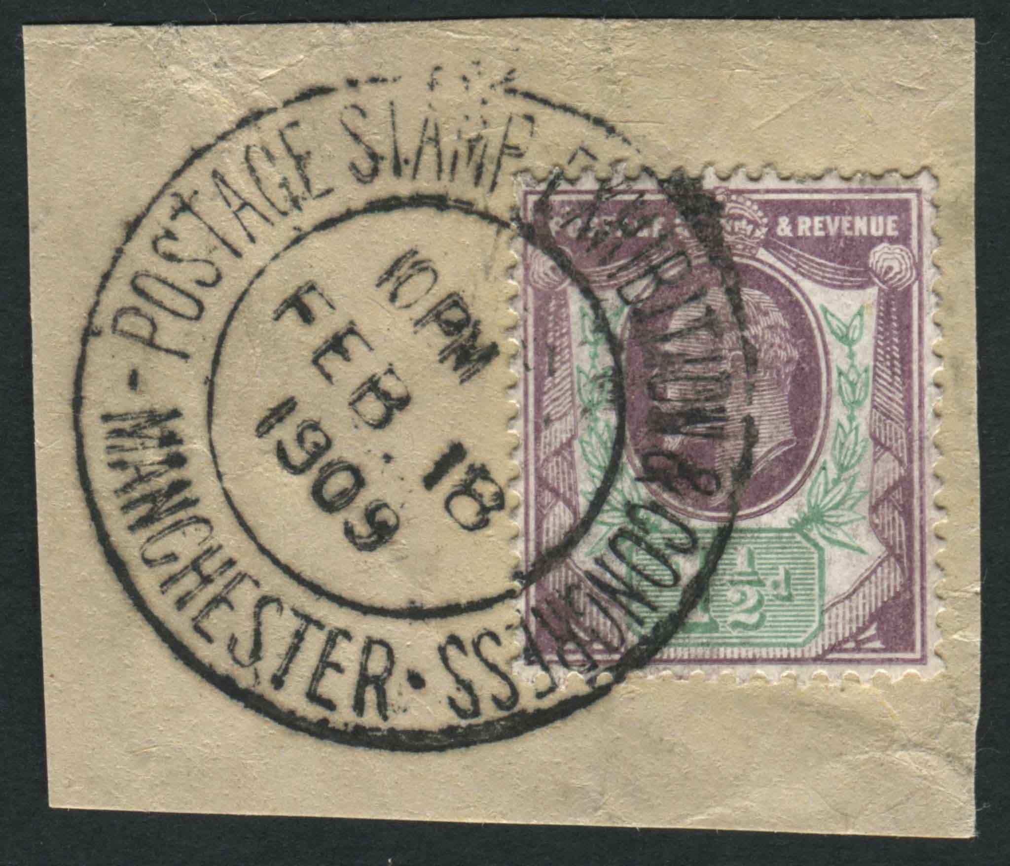 SG223 1d pale Purple and Green tied to piece with MANCHESTER double ring 1909