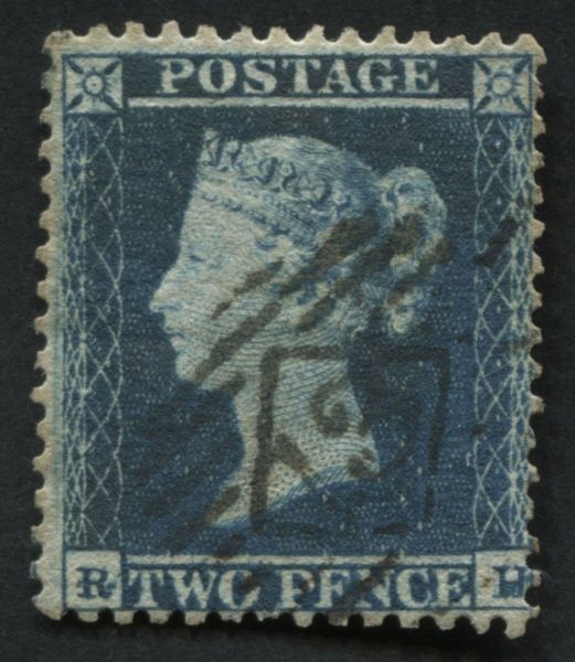 SG23 1854-57 2d Blue plate 4 RH, VF/U with London district 13 clear of profile