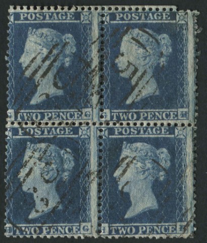 SG23 2d Blue Plate 4 GG-HH lightly cancelled block, some uneven perfs a scarce multiple.