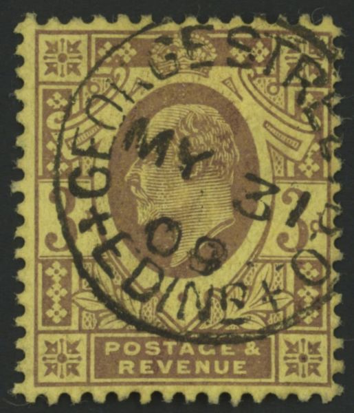 SG232 3d dull Purple on Orange Yellow, lovely George street cds 1909