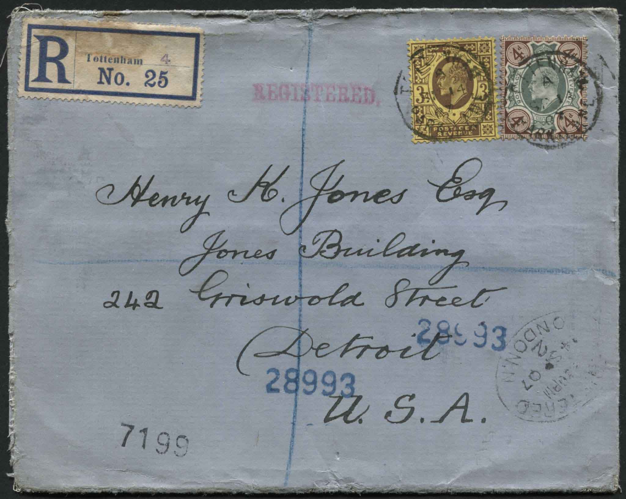 SG236/SG232c Registered envelope 1907 Tottenham to Detroit, franked SG236 (4d) and 3d