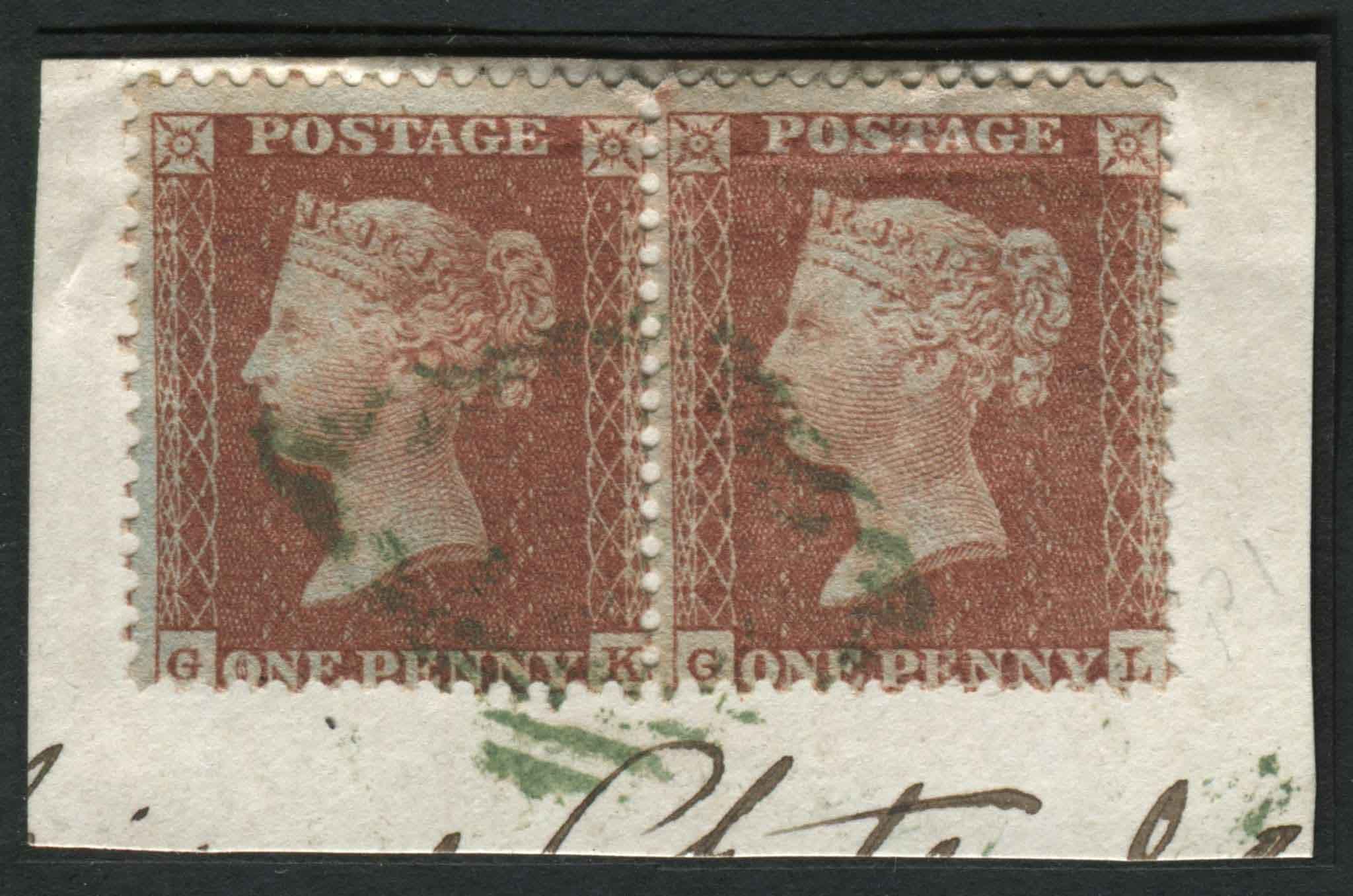 SG24 1d Red Brown GK-GL Spec C3 pair tied to piece from Pl1, with Irish cancel in Green