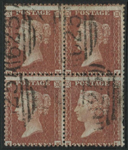 SG24 1d Red Brown RK-SL, used block with light numeral, watermarks are grossly misplaced