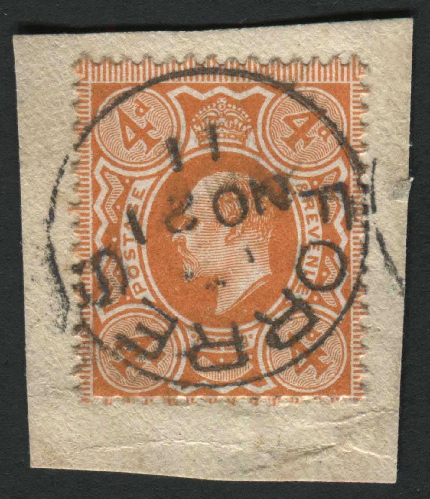 SG240 1909 4d pale Orange, VF/U, DLR on piece and cancelled by a Forres cds for NO. 21. 1911