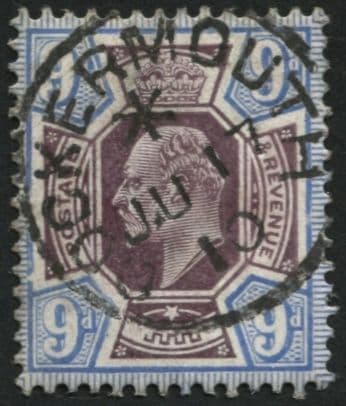 SG251 SpecM39(3) 9d slate Purple and deep Ultramarine break in frame right COCKERMOUTH 17.6.1910