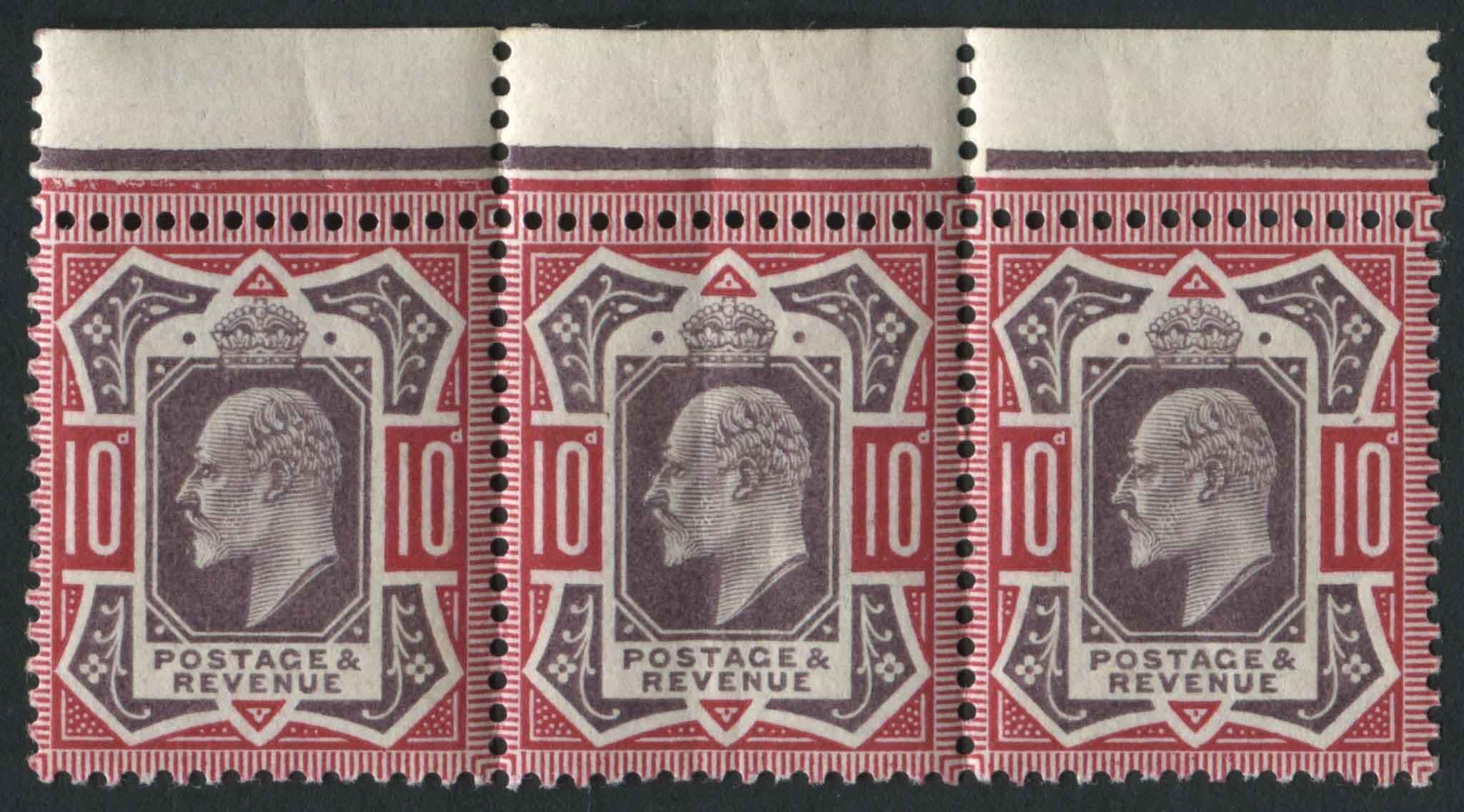 SG254 1902-10 10d dull Purple and Carmine strip, U/M, mounted in margin scarce thus