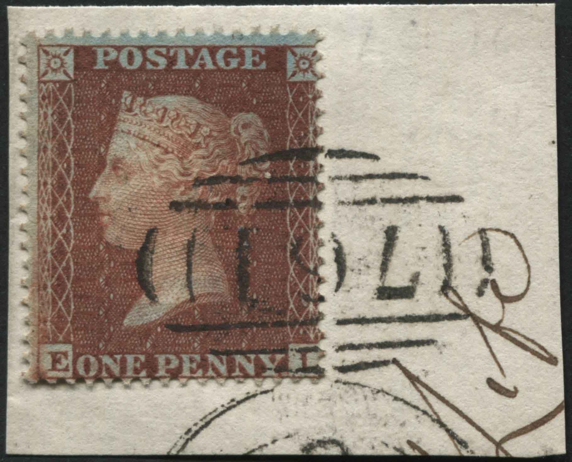 SG26 1d Red brown fine impression tied to piece, plate 11 EI