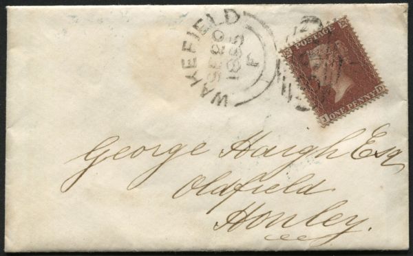 SG26 1d Red Brown SpecC5 Pl.14 JD, tied to very neat envelope Wakefield to Honley