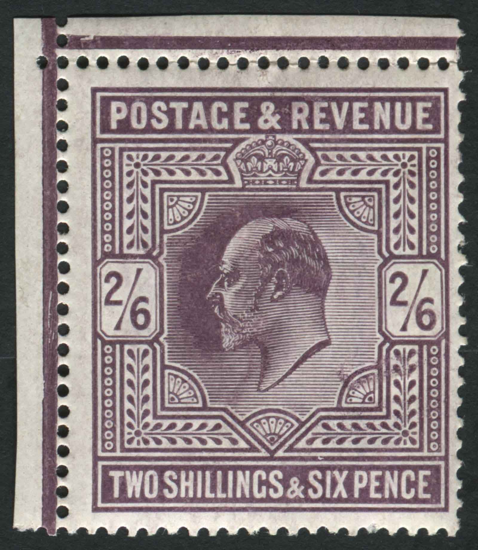 SG262 1902-10 2s 6d dull Purple upper left corner marginal, U/M