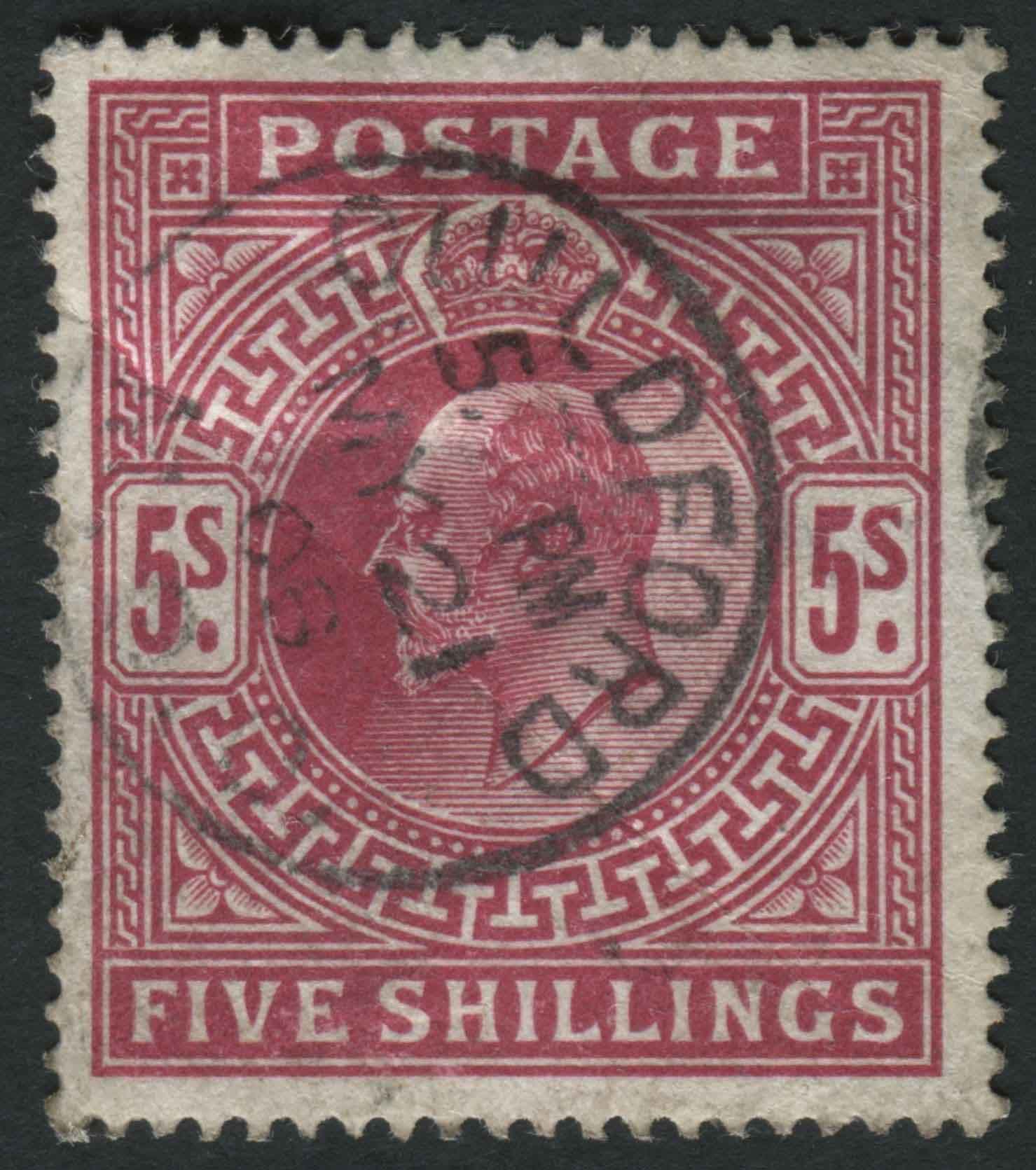 SG263 5/- bright Carmine used with super Guildford 1905 ring cancel