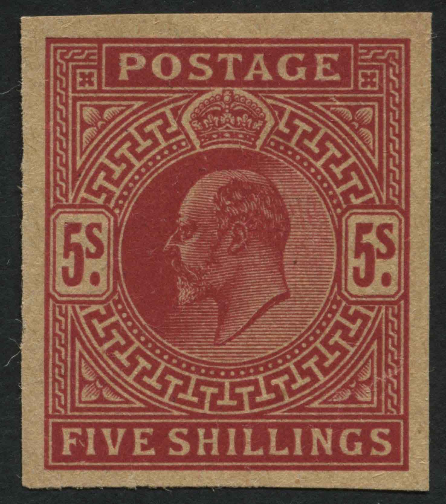 SG263 5/- Red on poor Buff paper, imperforate