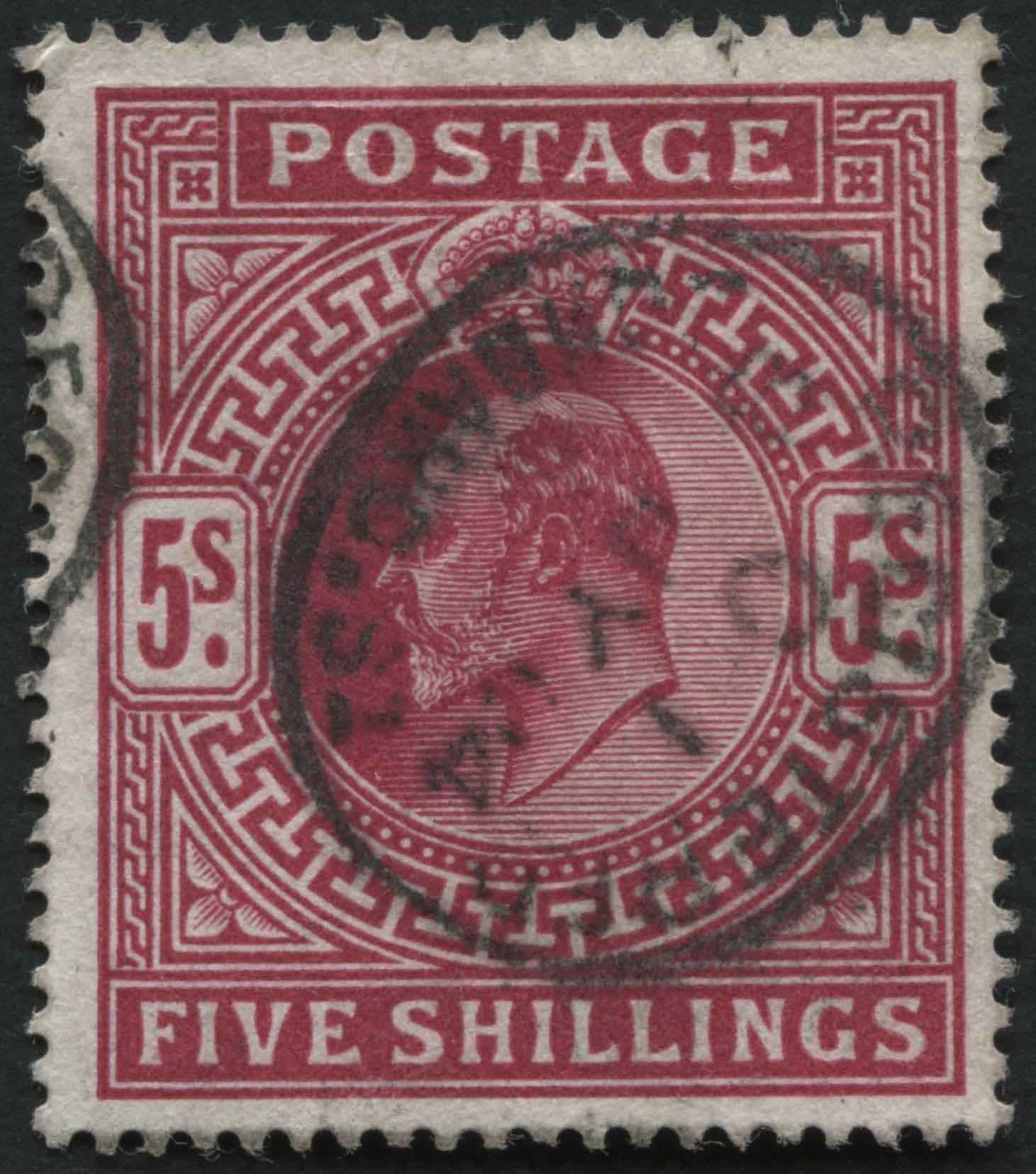 SG264 5/- deep bright Carmine, small oval registered cancel 1904