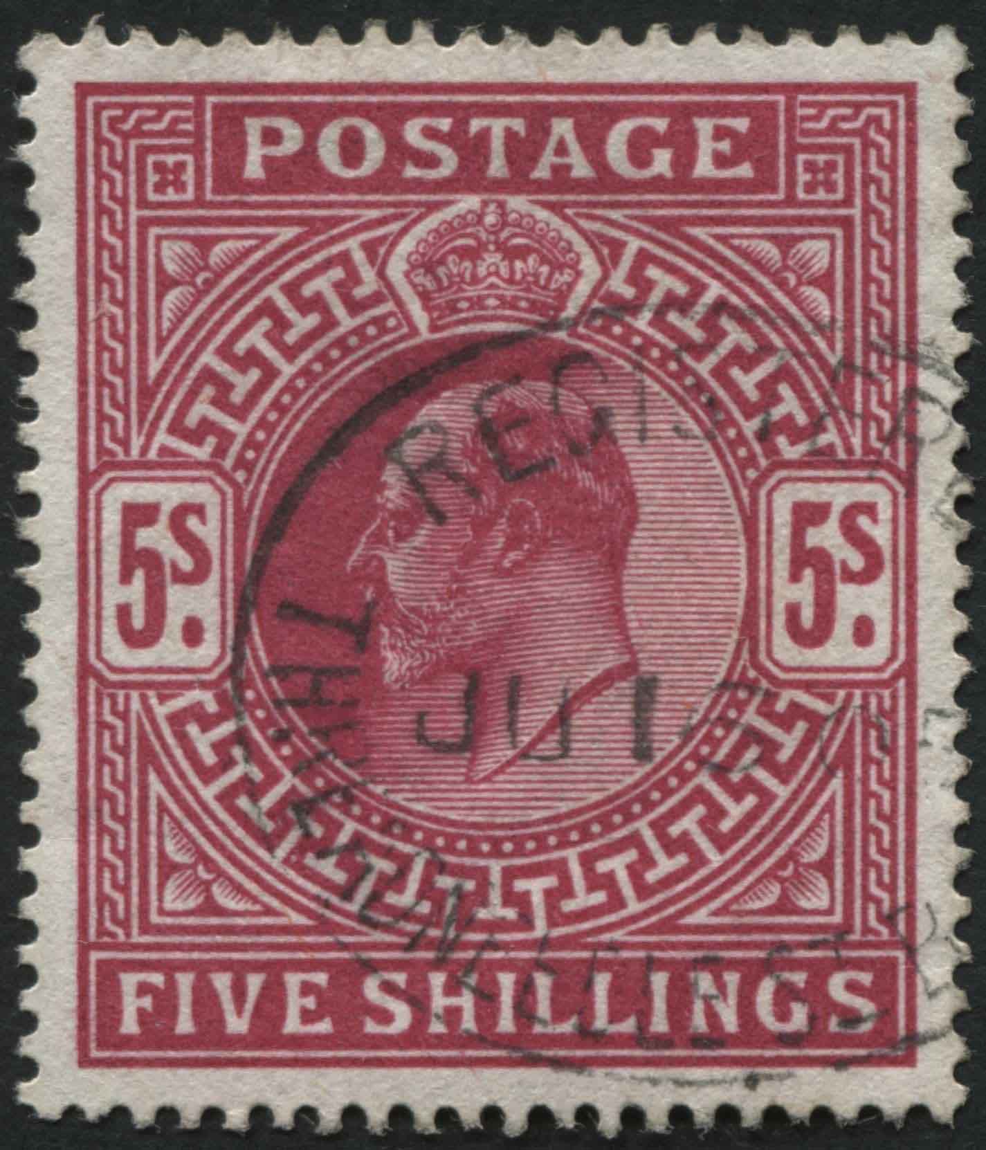 SG264 5/- deep bright Carmine, v light ring cancel