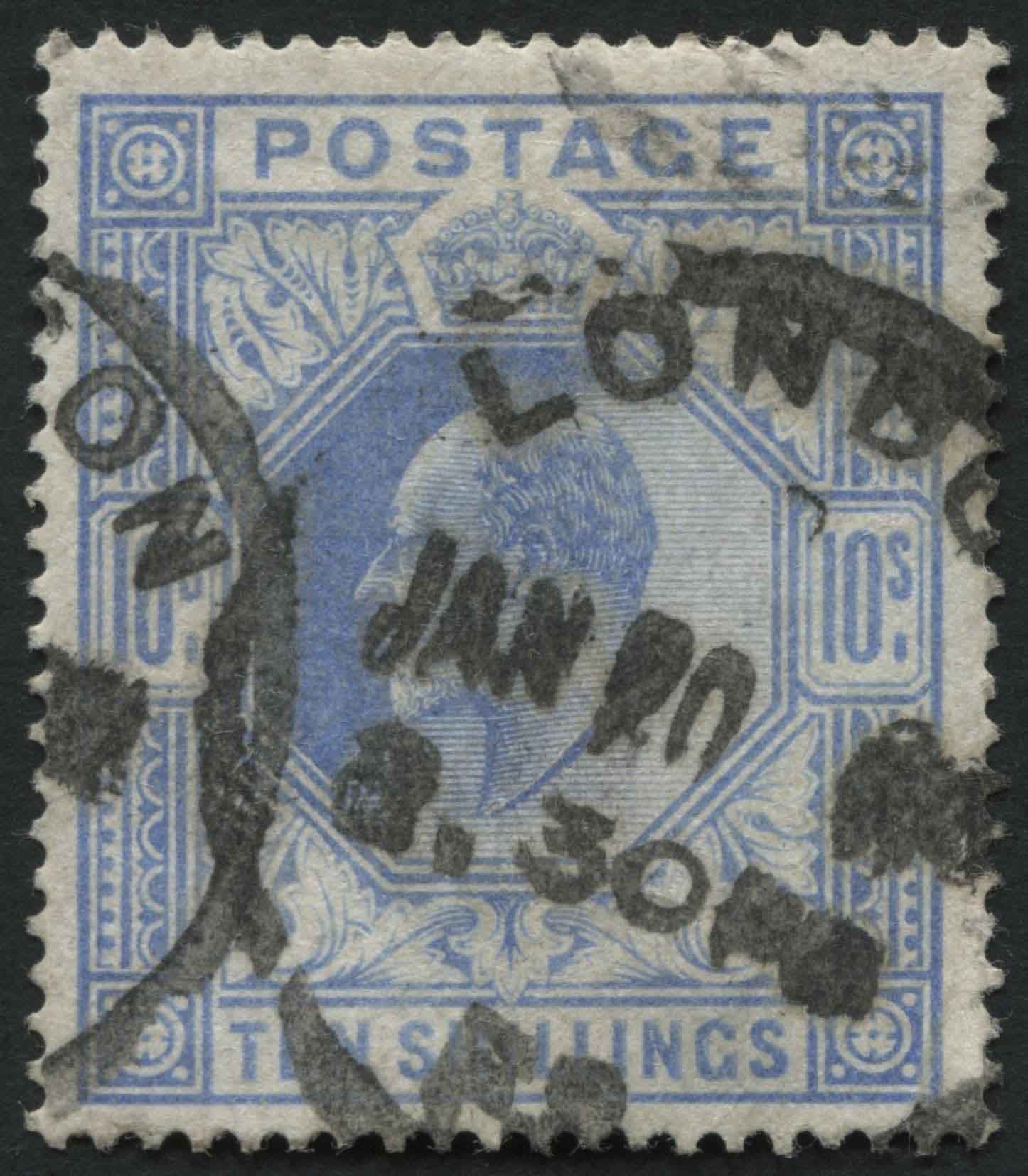 SG265 10/- Blue, London ring cancel