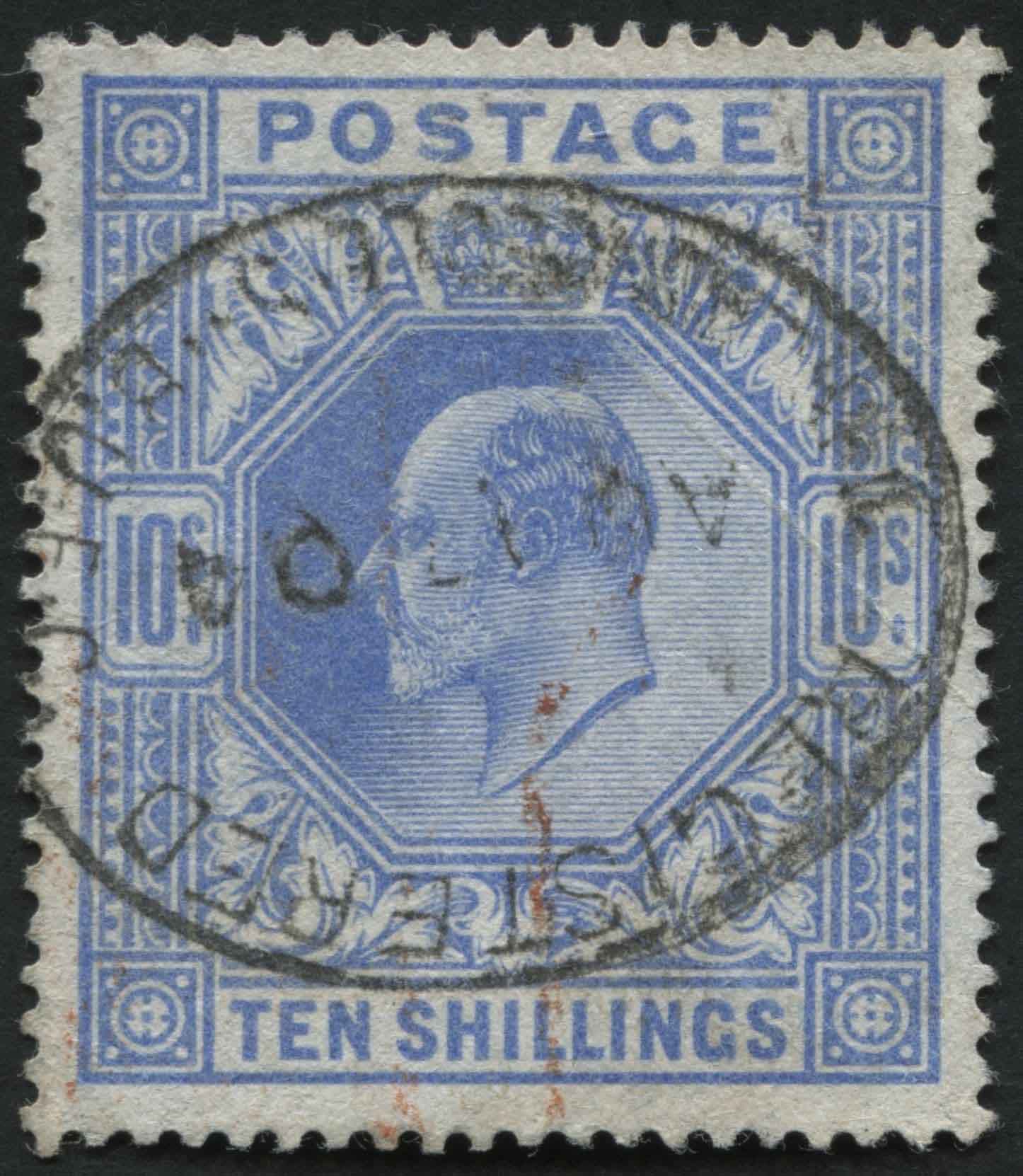 SG265 10/- Ultramarine a VF/U example, v neat cancel