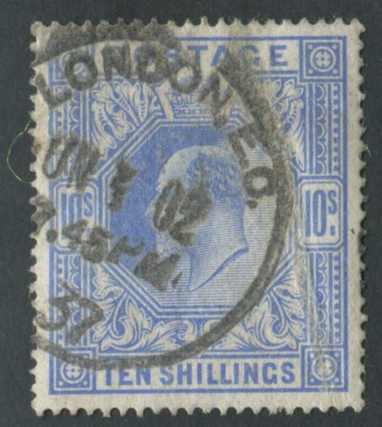 SG265 10s Ultramarine, light vertical bend but cancelled with parcel CDS