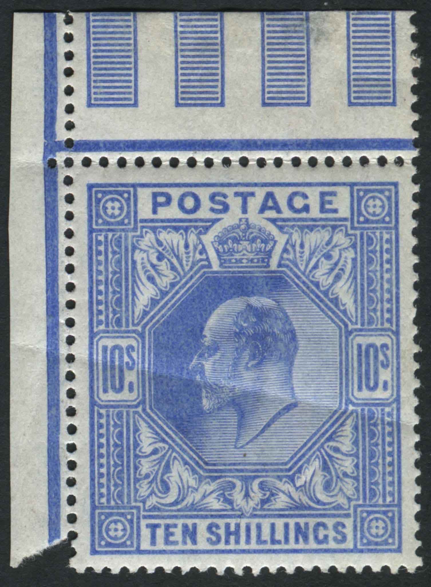 SG265 1902-10 10s Ultramarine upper left corner marginal, light horizontal bend but stamp U/M