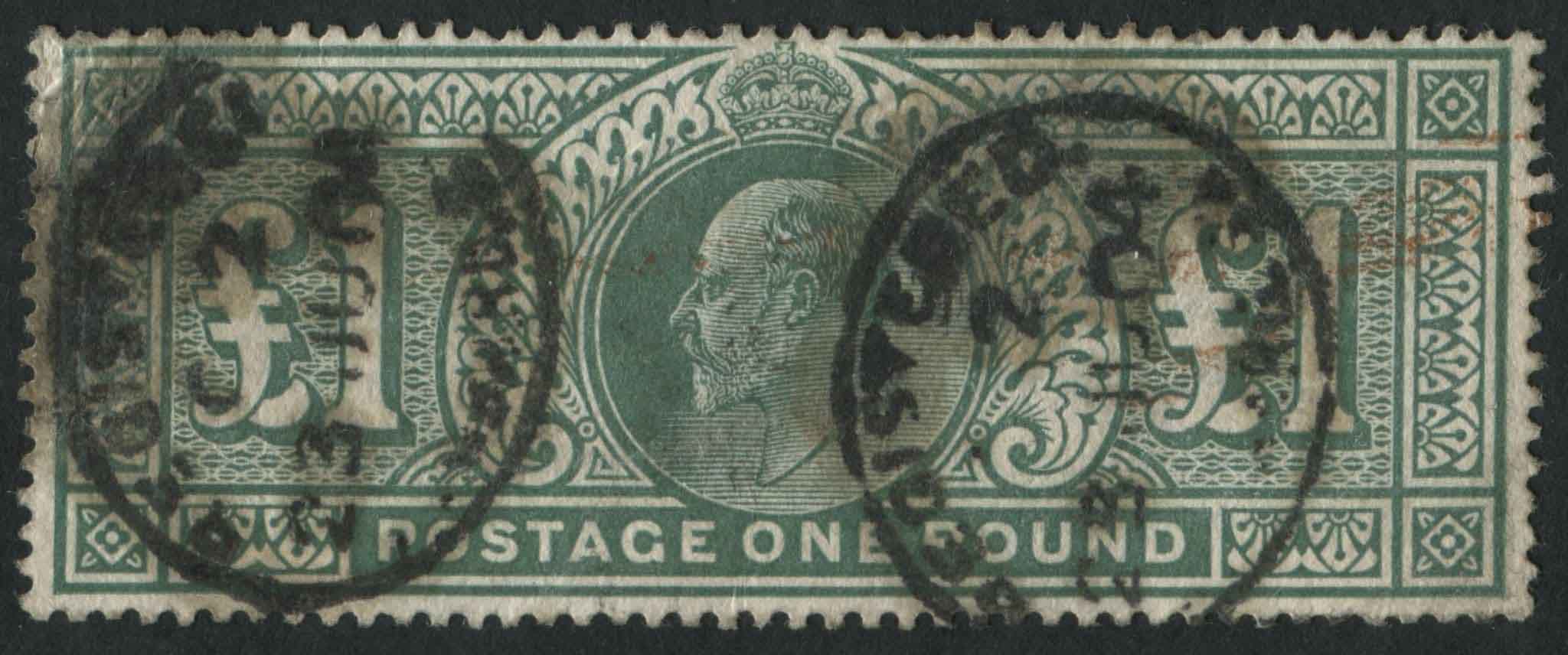 SG266 1902-10 1 dull Blue-Green, cancelled with two bold oval registered ds, clear of profile