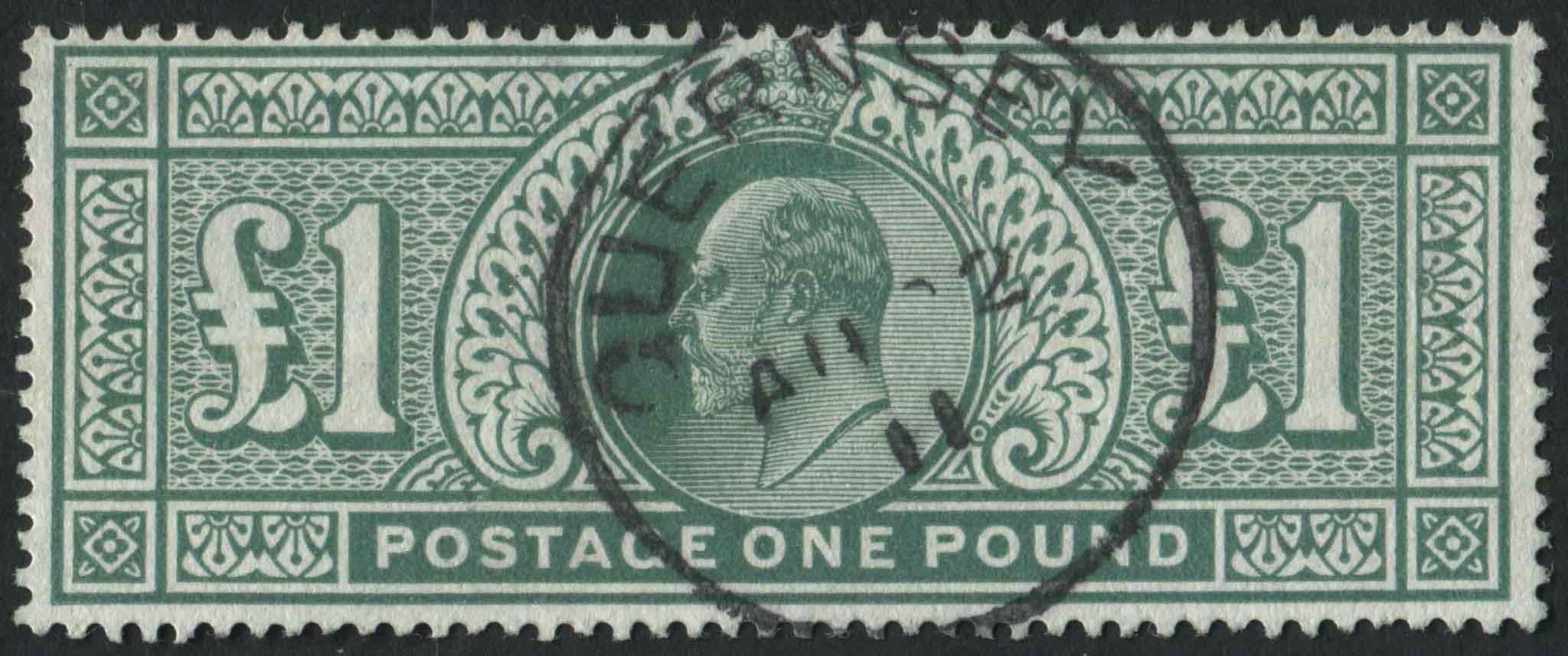 SG266 1902-10 1 dull Blue-Green, clear bright impression with Guernsey cds