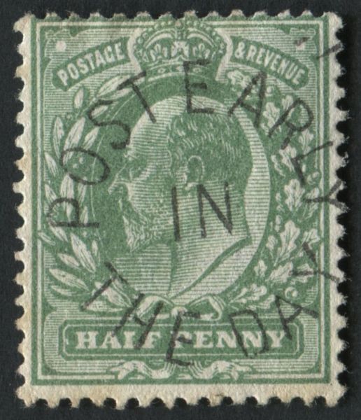 SG268 d dull Green with fortuitous POST EARLY IN THE DAY advert stamp